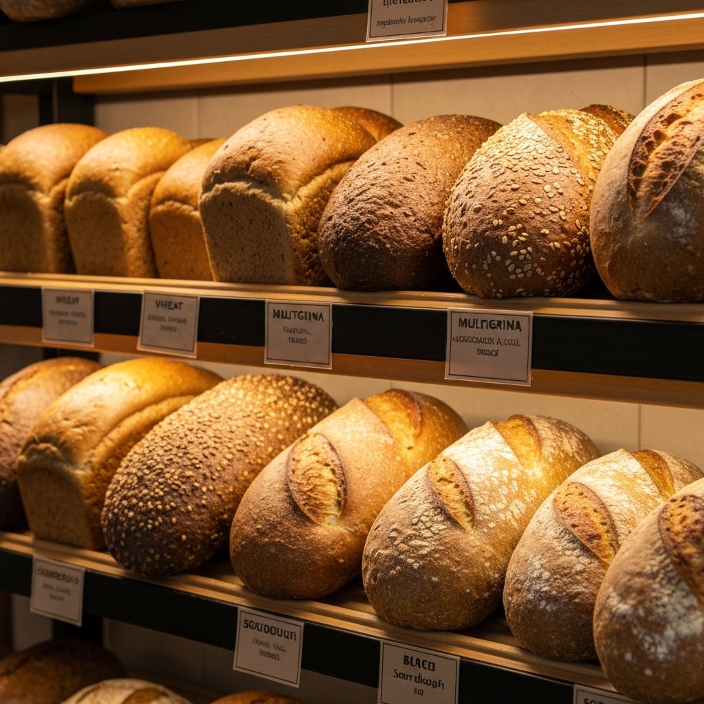 Detailaufnahme von Brotsorten im Regal