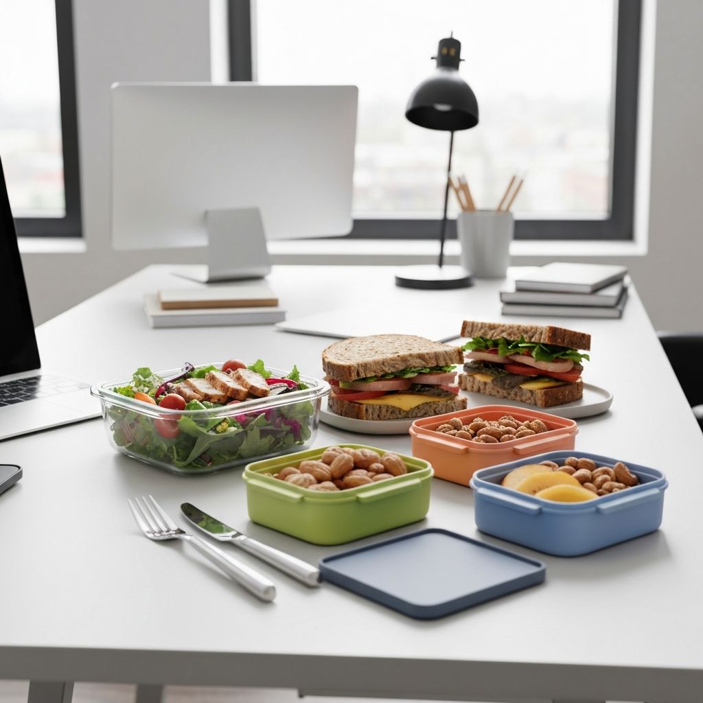 Здравословна храна на работното бюро с контейнери от салата и сандвич